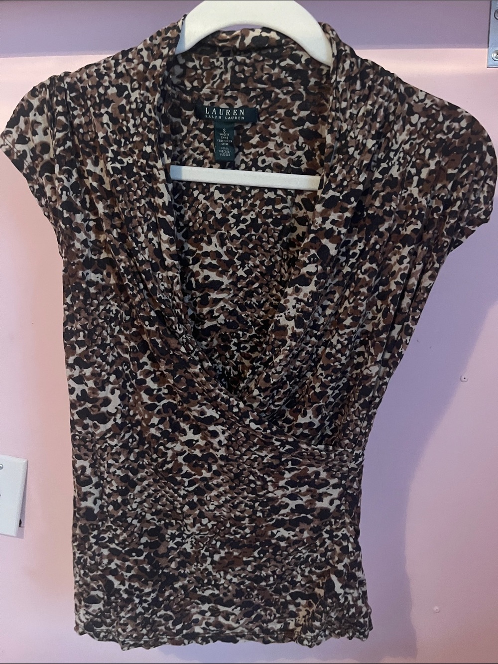 Lauren Ralph Lauren Brown and Black Leopard-Print Cap-Sleeve Surplice Top